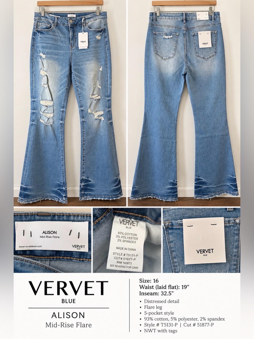 NWT Vervet Alison Mid-Rise Distressed Flare Jeans - size 16